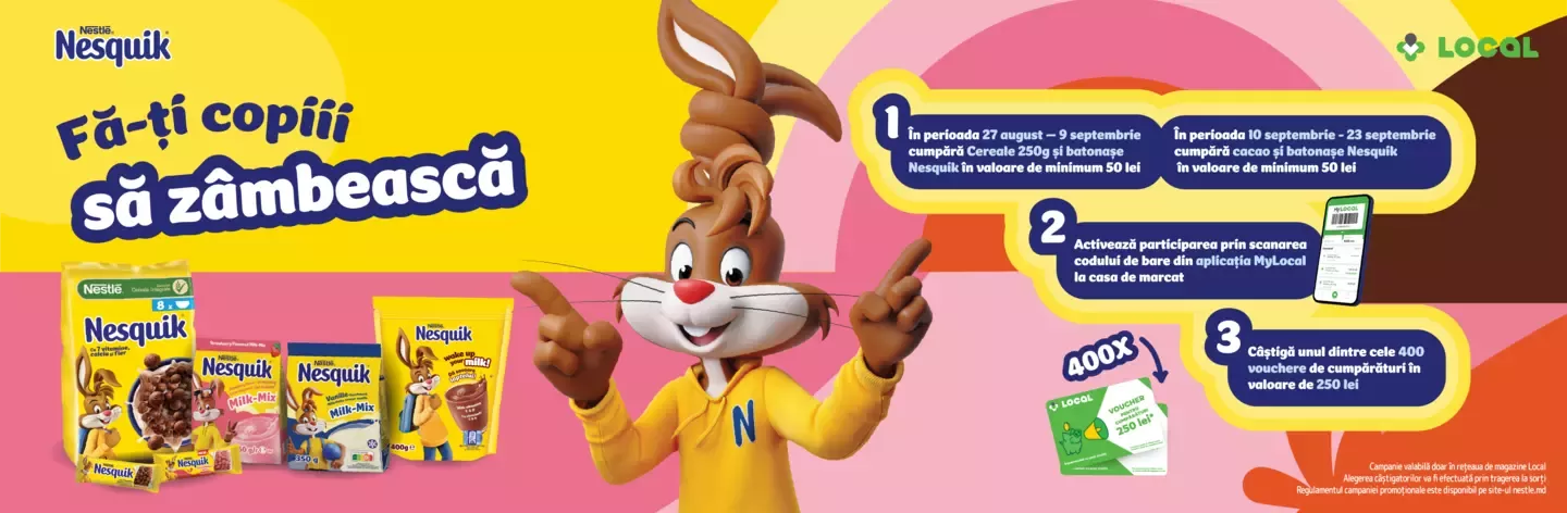Nesquik promotion with cereal and snack purchases for a chance to win one of 400 vouchers worth 250 lei, via MyLocal app.