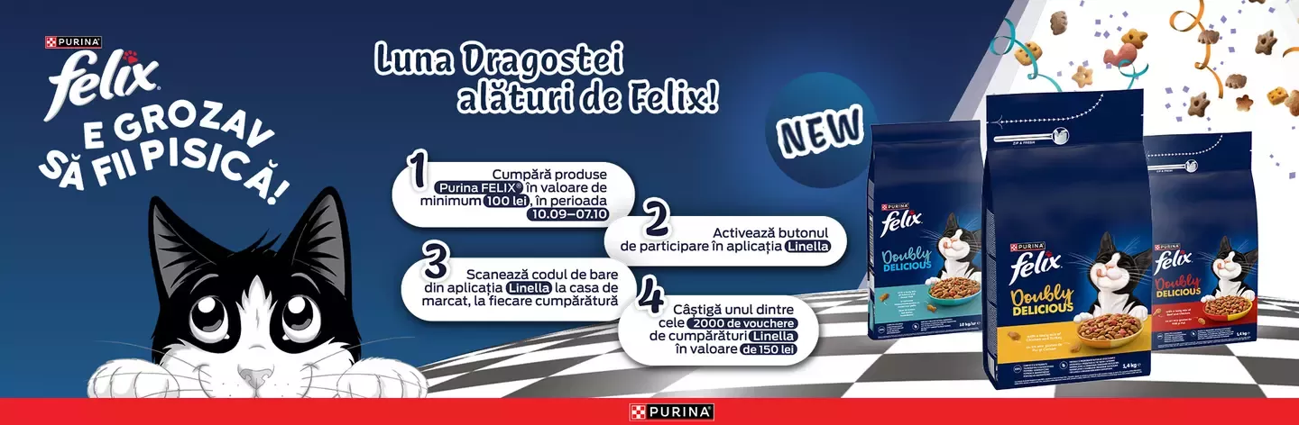 Felix cat food promotion in Romanian with a black and white cat, product bags, and instructions for a voucher contest.