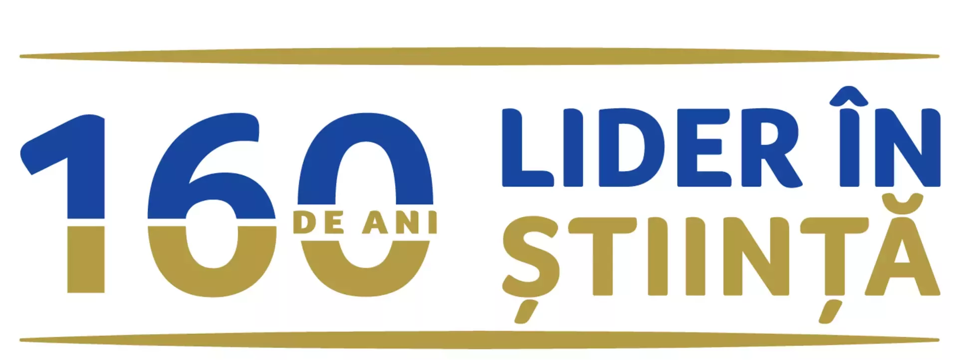 160 de ani, lider în știință, text albastru și auriu cu linii aurii subțiri decorative.
