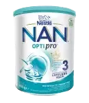 Tin of Nestlé NAN OPTI PRO infant formula with blue and white design, showing a feeding bottle and nutritional information.