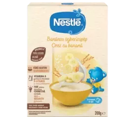 Nestlé banana-flavored rice cereal for babies, gluten-free, with vitamins D and iron, in a 200g box.
