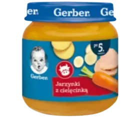 Jarzynki z cielęcinką Gerber baby food jar with vegetables and veal, suitable from 5 months.