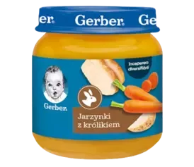 Jarzynki z królikiem baby food jar by Gerber, featuring carrots and rabbit meat on the label.