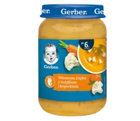 Jar of Gerber baby food labeled "Wiosenna zupka z indykiem i koperkiem," featuring carrot, cauliflower, and creamy soup