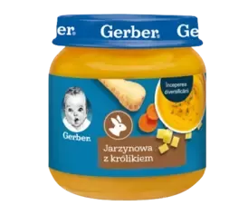 Jarzynowa z królikiem Gerber baby food jar with vegetable and rabbit flavor, blue label and blue lid.