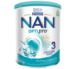 Can of Nestlé NAN OPTIPRO infant formula with probiotics, featuring a blue and white design.