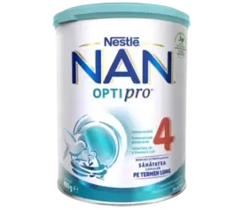 Can of Nestlé NAN OPTIPRO 4 infant formula, 800g, with a blue and white label featuring a stork graphic and nutritional claim