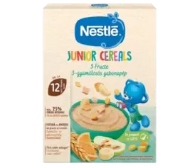 Nestlé Junior Cereals 3 Fruit oat cereal for infants 12+ months with banana, orange, and nuts, ready to prepare with milk.
