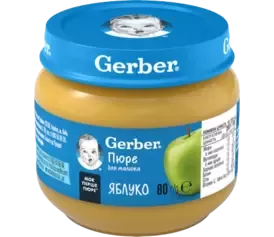 Jar of Gerber baby food puree, apple flavor, 80 grams, with a blue lid and label in Ukrainian.