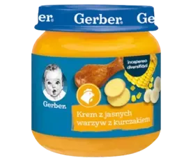 Gerber baby food jar with creamy light vegetable and chicken puree, labeled in Polish.