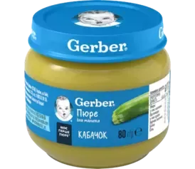 Jar of Gerber baby food puree with zucchini flavor, 80 grams, blue lid and label with product information in Ukrainian.