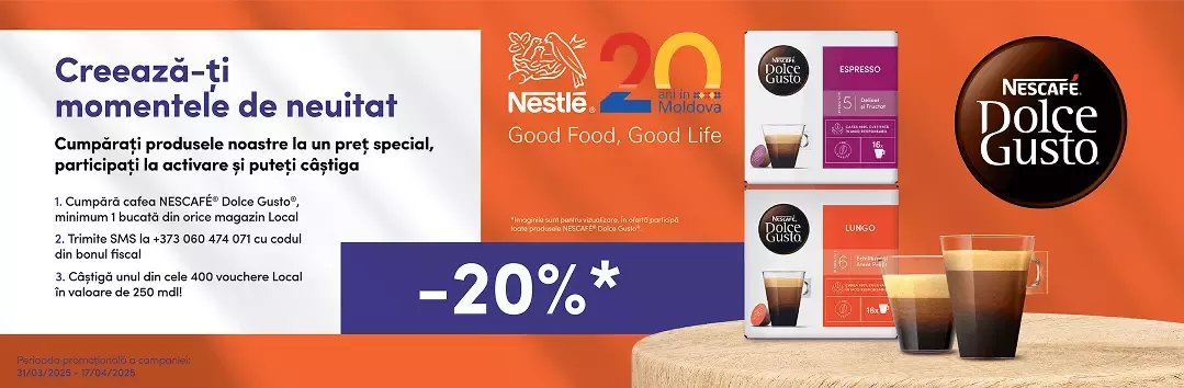 Promotional banner for NESCAFÉ® Dolce Gusto® features coffee products, discount offer, and participation details for a contest.