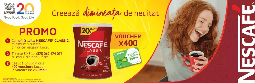 Promo advertisement for NESCAFÉ Classic coffee, highlighting a contest with vouchers and special offers, featuring a coffee container and a voucher.